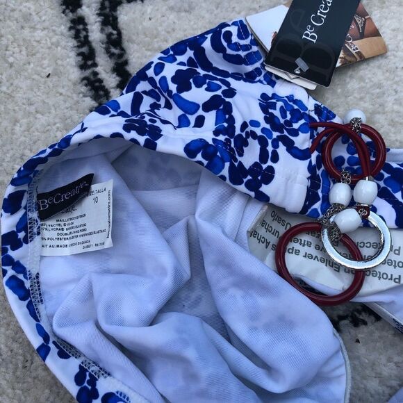 -11 NWT Be Creative Blue and white bikini with red trim waist jewelry.Size 10 - Picture 4 of 11